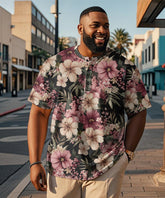 Men's Plus Size Pink Gesang Flower Print Henry Collar Button Short Sleeve T-Shirt